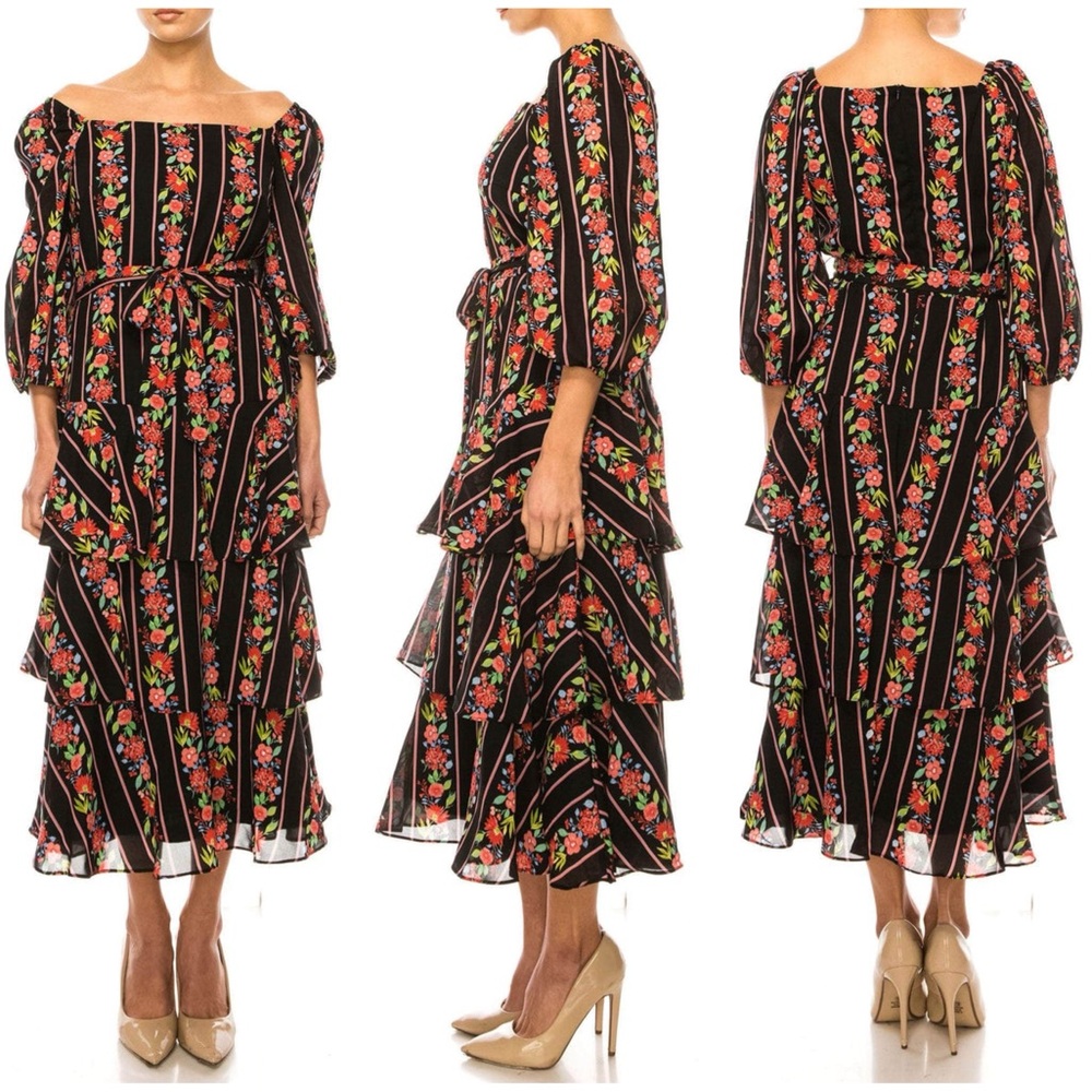 Gabby Skye Floral Bateau Neck Layered Ruffle Dress Black Coral Size 4